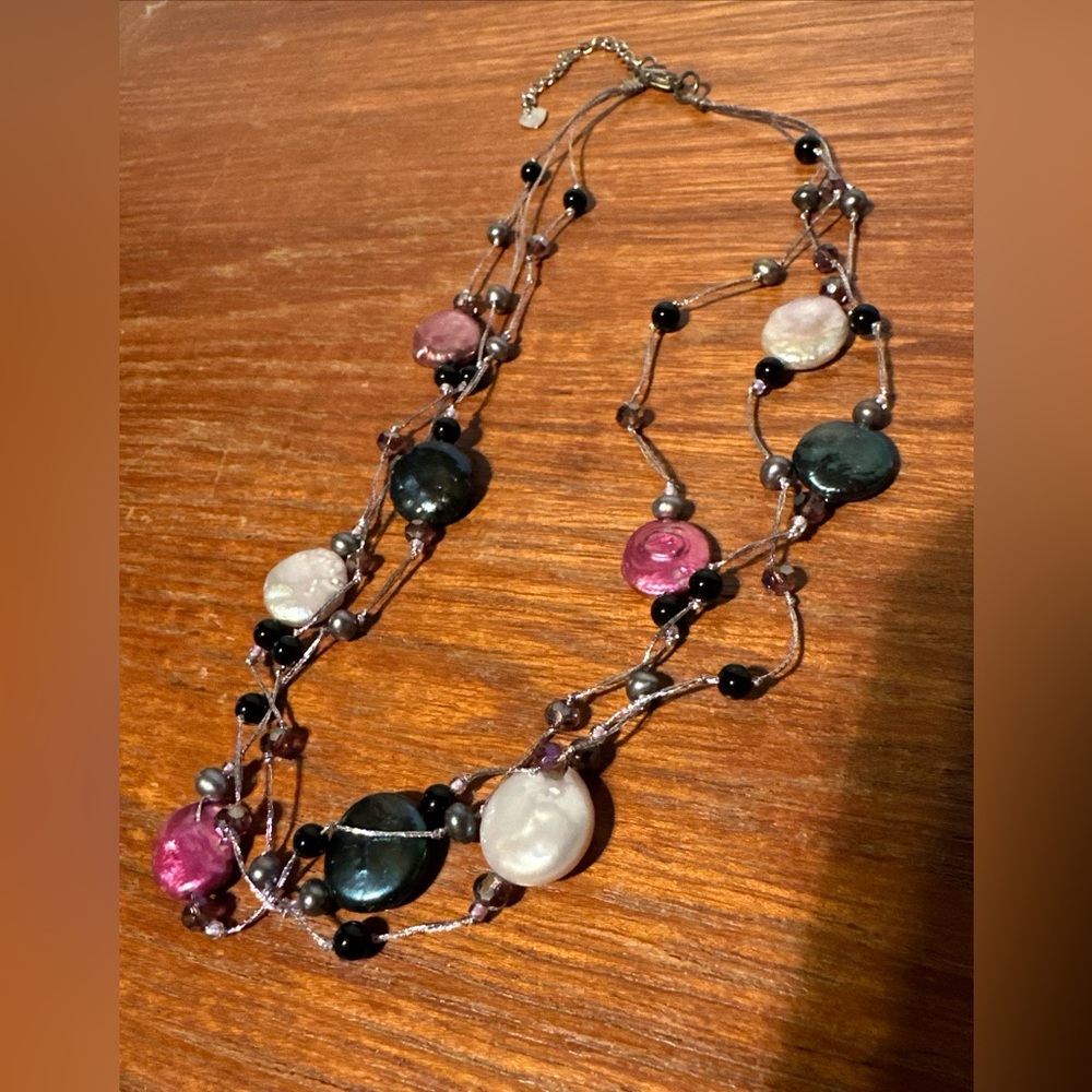 Multi-strand Necklace 16” With Mother-of-Pearl And Glass Beads